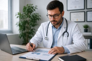 Imagem mostra médico analisando gráficos na sua mesa, tentando entender se clínica médica no Lucro Presumido paga menos imposto do que no Simples Nacional