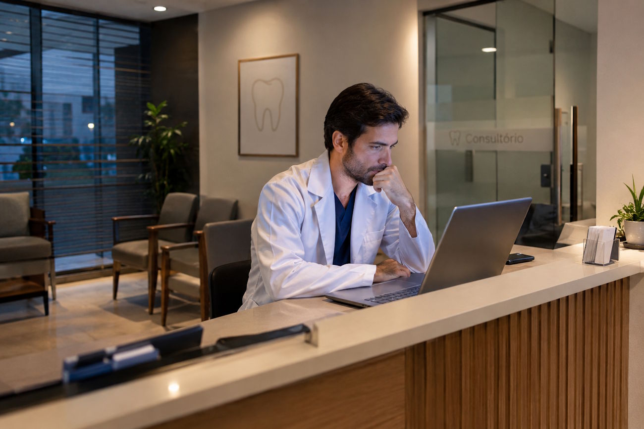 Imagem mostra dentista olhando concentrado para notebook, para ilustrar como funciona o Lucro Presumido para clínica odontológica